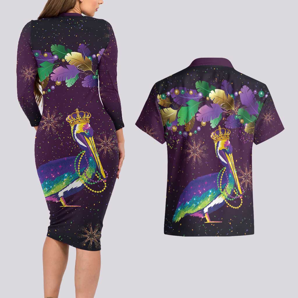 Faux Glitter Funny Mardi Gras Pelican Couples Matching Long Sleeve Bodycon Dress and Hawaiian Shirt Party Vibes - Wonder Print Shop