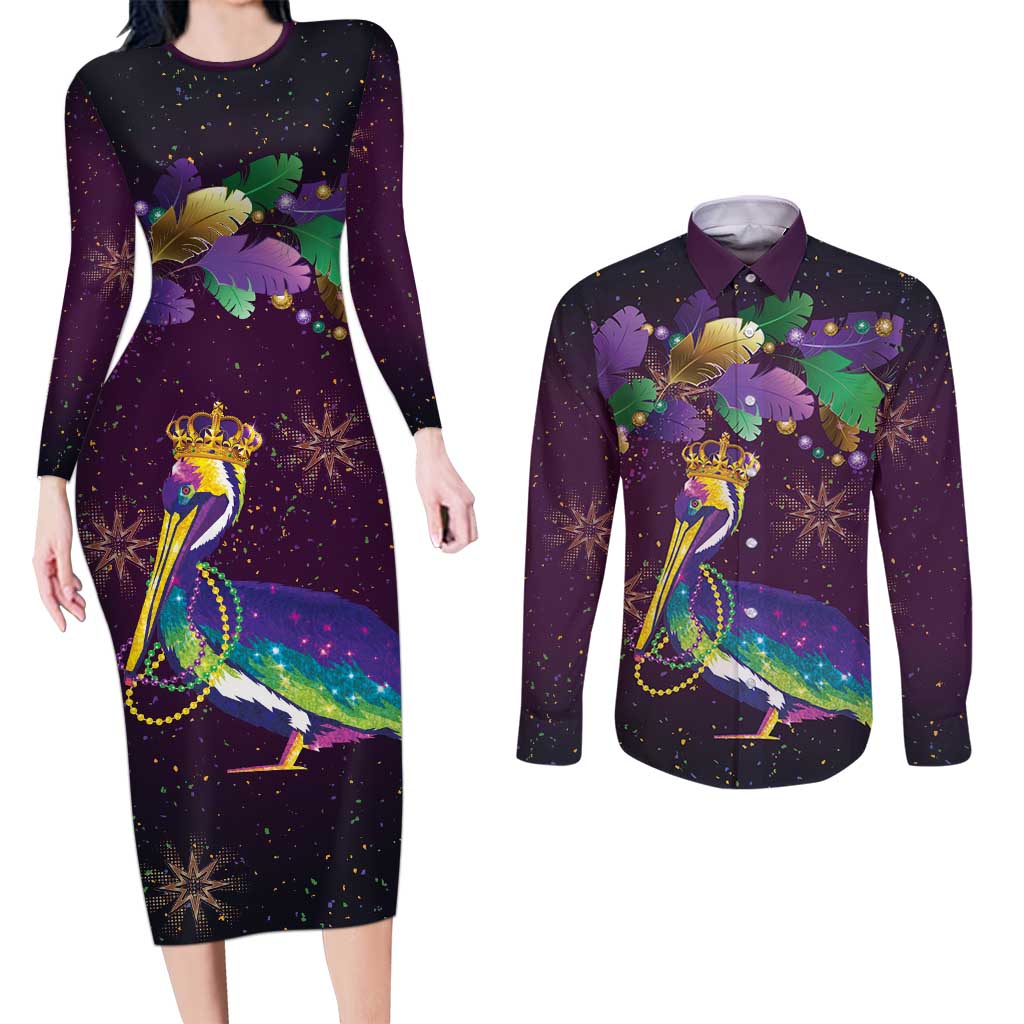 Faux Glitter Funny Mardi Gras Pelican Couples Matching Long Sleeve Bodycon Dress and Long Sleeve Button Shirt Party Vibes - Wonder Print Shop