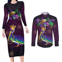 Faux Glitter Funny Mardi Gras Pelican Couples Matching Long Sleeve Bodycon Dress and Long Sleeve Button Shirt Party Vibes - Wonder Print Shop