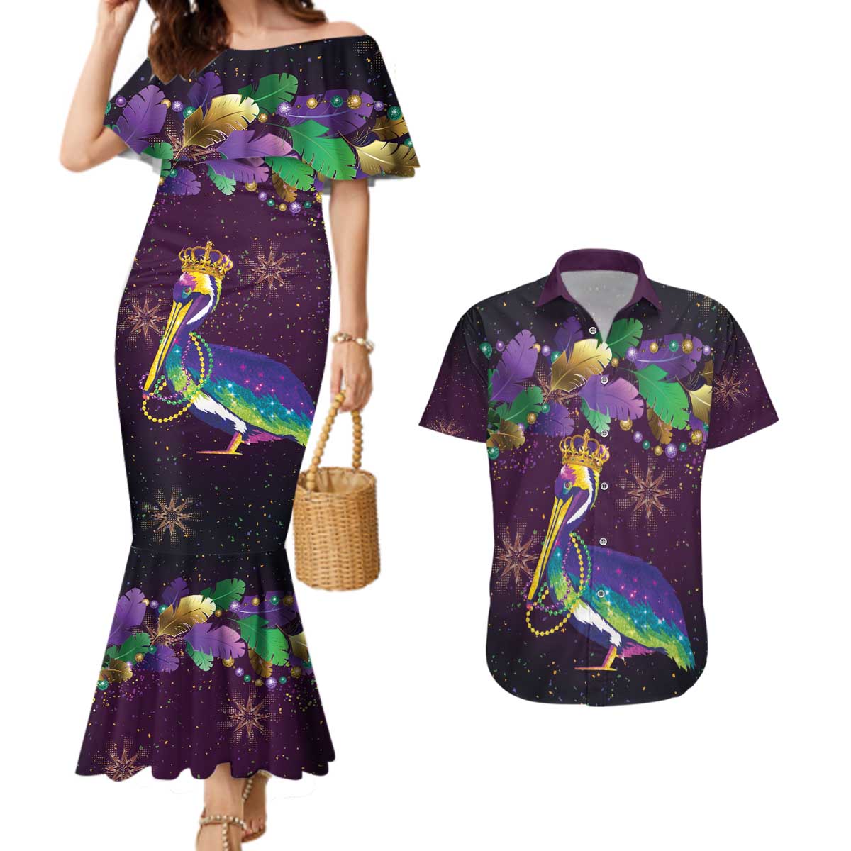 Faux Glitter Funny Mardi Gras Pelican Couples Matching Mermaid Dress and Hawaiian Shirt Party Vibes - Wonder Print Shop