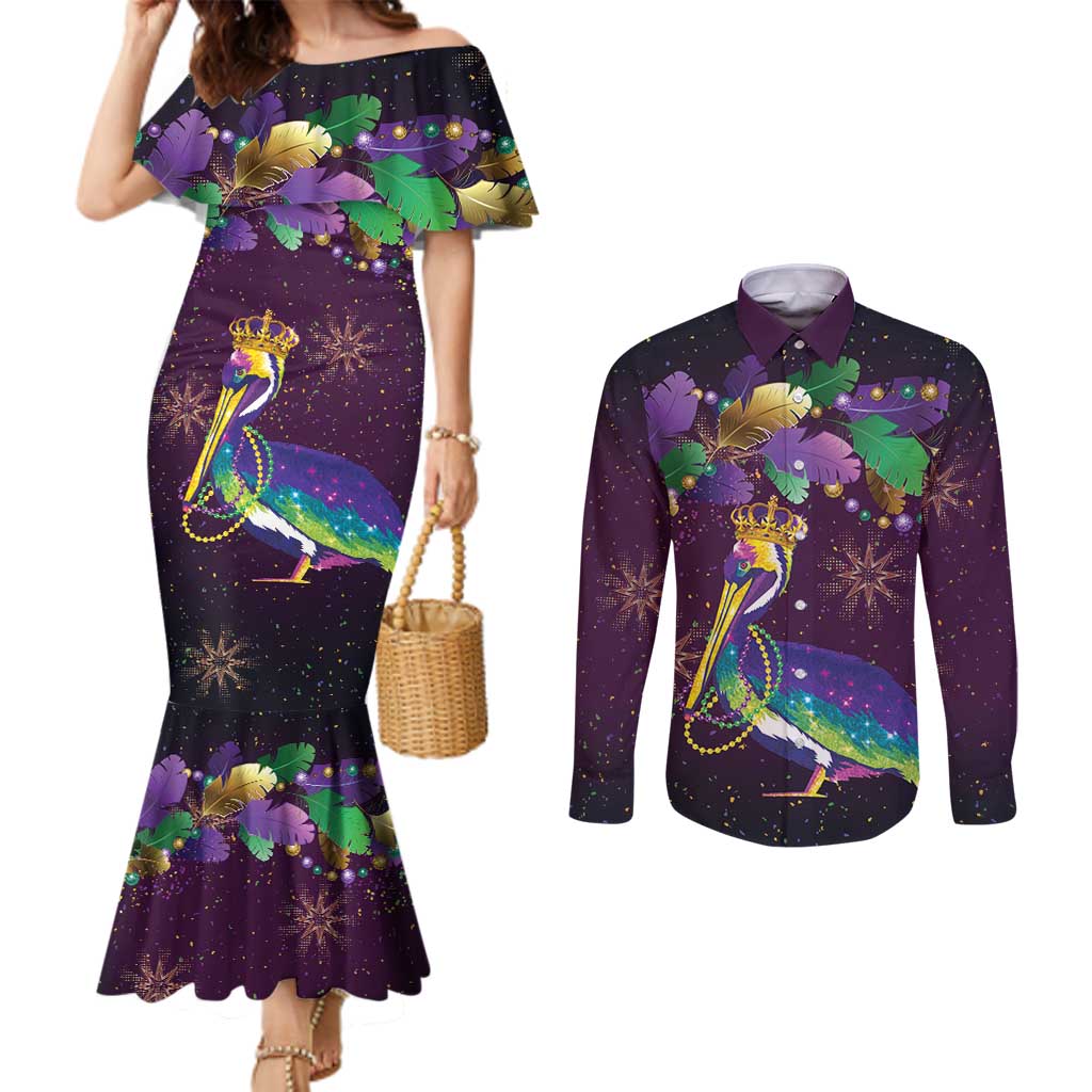 Faux Glitter Funny Mardi Gras Pelican Couples Matching Mermaid Dress and Long Sleeve Button Shirt Party Vibes - Wonder Print Shop