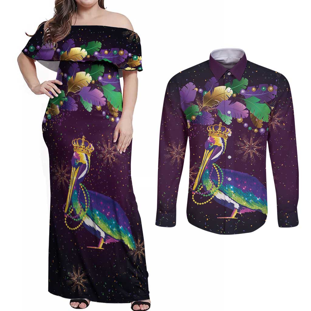 Faux Glitter Funny Mardi Gras Pelican Couples Matching Off Shoulder Maxi Dress and Long Sleeve Button Shirt Party Vibes - Wonder Print Shop