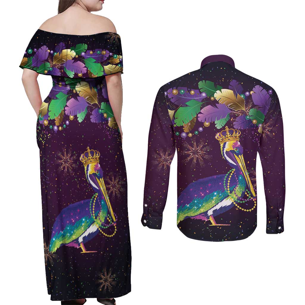 Faux Glitter Funny Mardi Gras Pelican Couples Matching Off Shoulder Maxi Dress and Long Sleeve Button Shirt Party Vibes - Wonder Print Shop