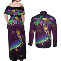 Faux Glitter Funny Mardi Gras Pelican Couples Matching Off Shoulder Maxi Dress and Long Sleeve Button Shirt Party Vibes - Wonder Print Shop