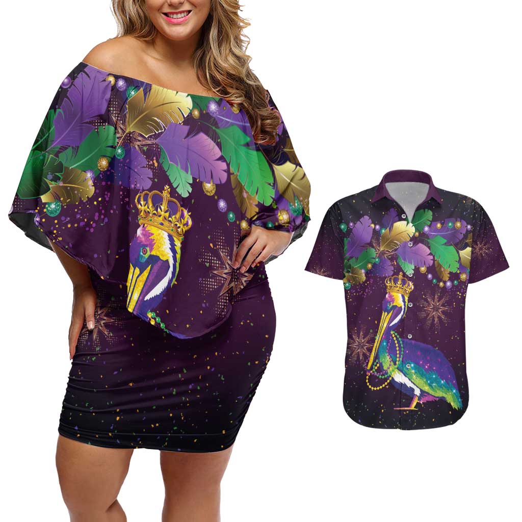 Faux Glitter Funny Mardi Gras Pelican Couples Matching Off Shoulder Short Dress and Hawaiian Shirt Party Vibes - Wonder Print Shop