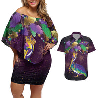 Faux Glitter Funny Mardi Gras Pelican Couples Matching Off Shoulder Short Dress and Hawaiian Shirt Party Vibes - Wonder Print Shop