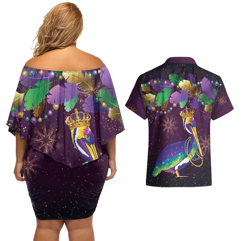 Faux Glitter Funny Mardi Gras Pelican Couples Matching Off Shoulder Short Dress and Hawaiian Shirt Party Vibes - Wonder Print Shop