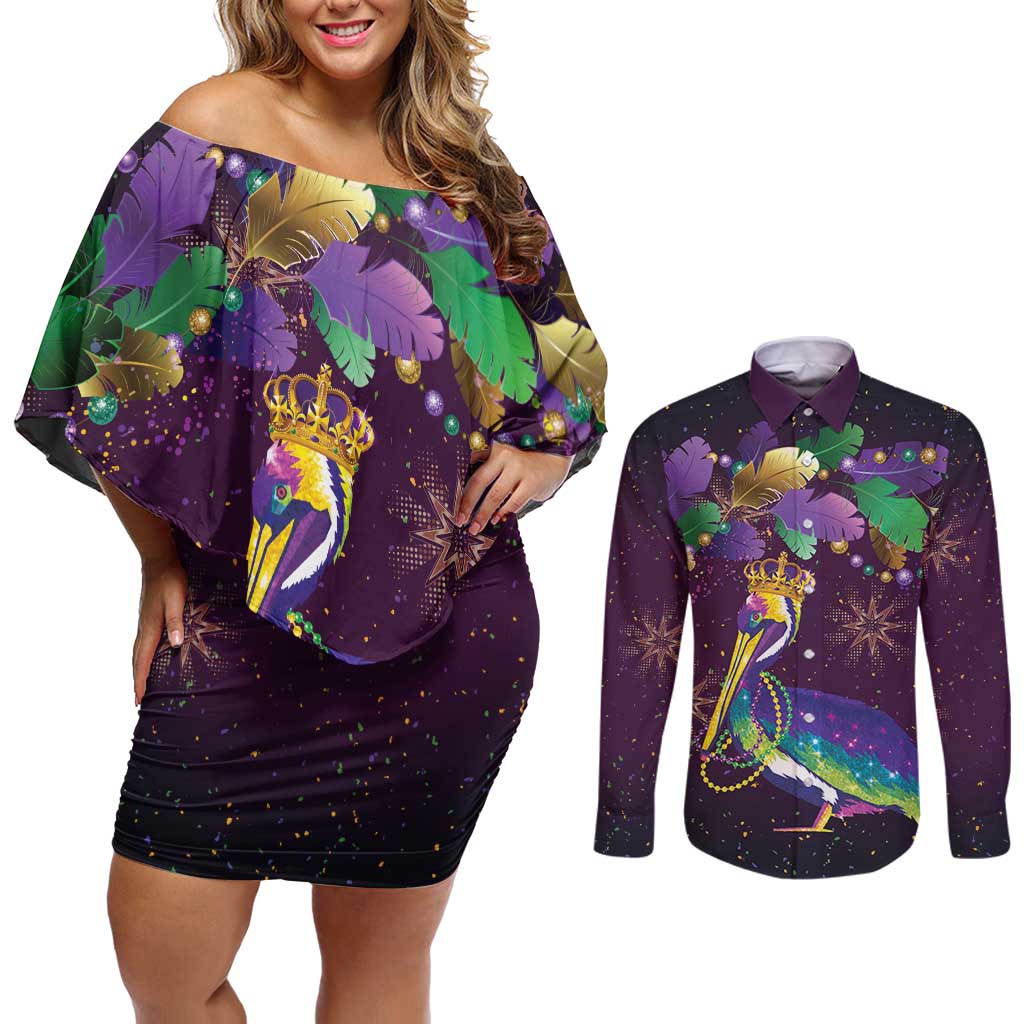 Faux Glitter Funny Mardi Gras Pelican Couples Matching Off Shoulder Short Dress and Long Sleeve Button Shirt Party Vibes - Wonder Print Shop