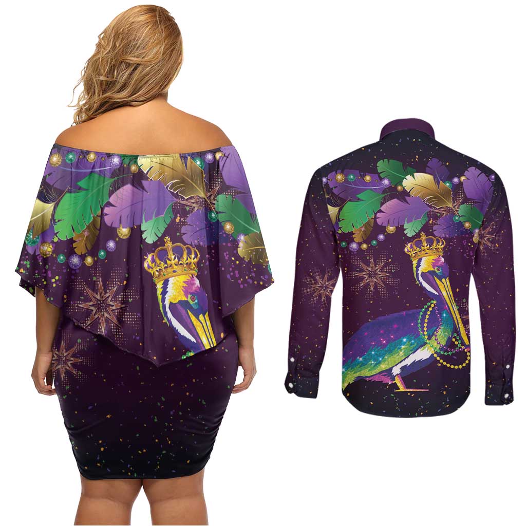 Faux Glitter Funny Mardi Gras Pelican Couples Matching Off Shoulder Short Dress and Long Sleeve Button Shirt Party Vibes - Wonder Print Shop