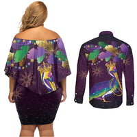 Faux Glitter Funny Mardi Gras Pelican Couples Matching Off Shoulder Short Dress and Long Sleeve Button Shirt Party Vibes - Wonder Print Shop