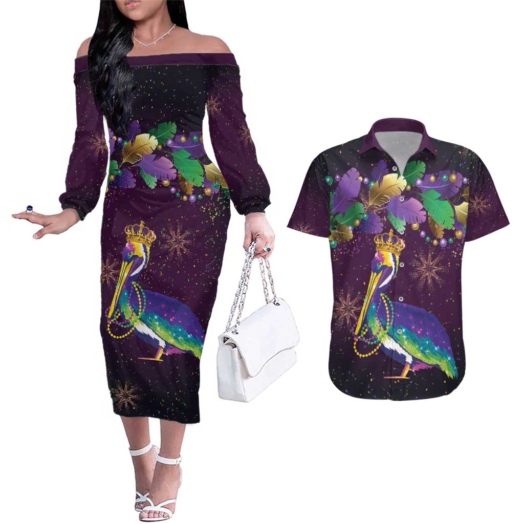 Faux Glitter Funny Mardi Gras Pelican Couples Matching Off The Shoulder Long Sleeve Dress and Hawaiian Shirt Party Vibes - Wonder Print Shop