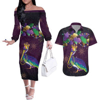 Faux Glitter Funny Mardi Gras Pelican Couples Matching Off The Shoulder Long Sleeve Dress and Hawaiian Shirt Party Vibes - Wonder Print Shop
