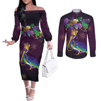 Faux Glitter Funny Mardi Gras Pelican Couples Matching Off The Shoulder Long Sleeve Dress and Long Sleeve Button Shirt Party Vibes - Wonder Print Shop