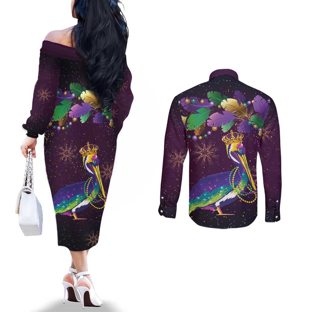Faux Glitter Funny Mardi Gras Pelican Couples Matching Off The Shoulder Long Sleeve Dress and Long Sleeve Button Shirt Party Vibes - Wonder Print Shop