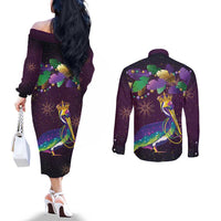 Faux Glitter Funny Mardi Gras Pelican Couples Matching Off The Shoulder Long Sleeve Dress and Long Sleeve Button Shirt Party Vibes - Wonder Print Shop