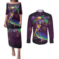 Faux Glitter Funny Mardi Gras Pelican Couples Matching Puletasi and Long Sleeve Button Shirt Party Vibes - Wonder Print Shop