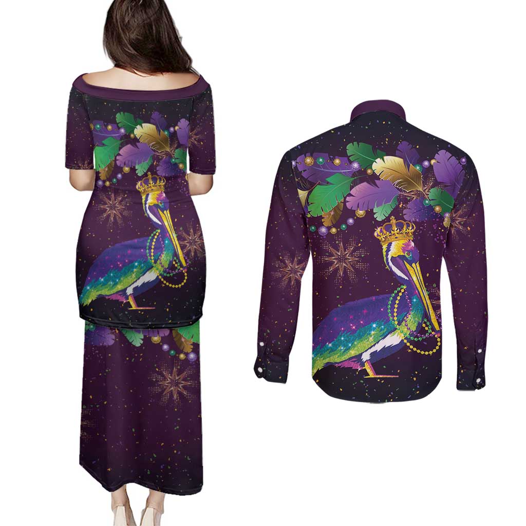 Faux Glitter Funny Mardi Gras Pelican Couples Matching Puletasi and Long Sleeve Button Shirt Party Vibes - Wonder Print Shop