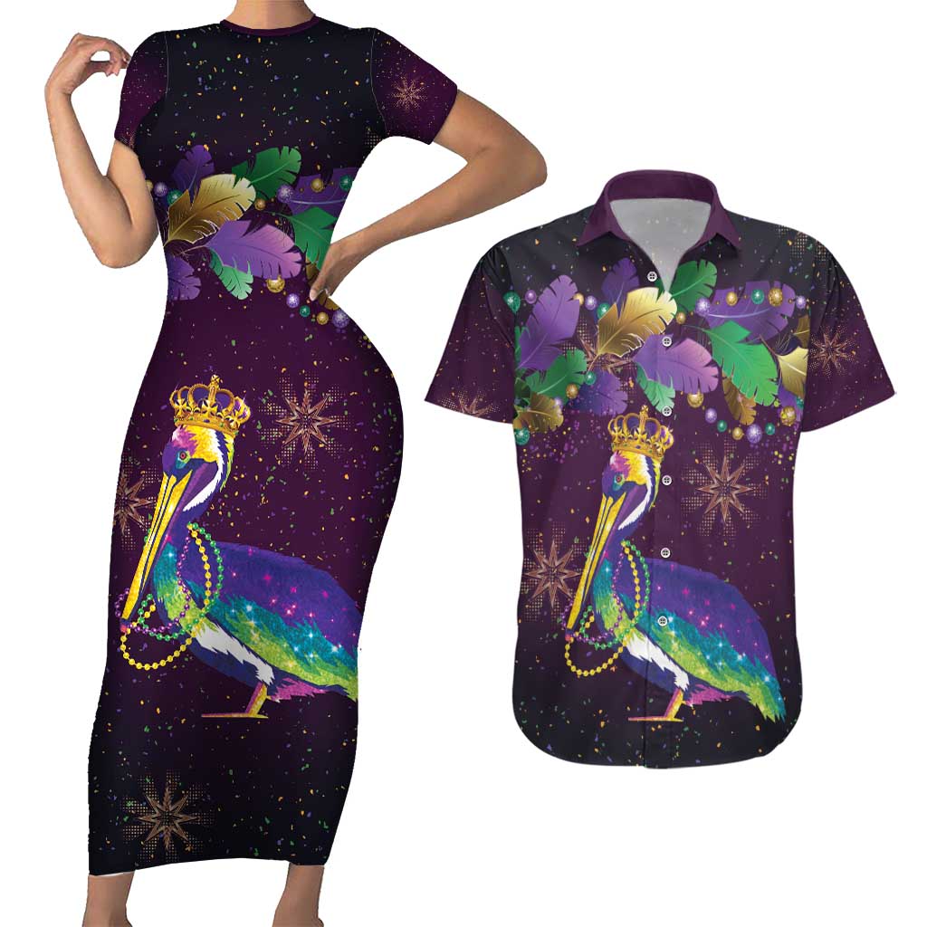 Faux Glitter Funny Mardi Gras Pelican Couples Matching Short Sleeve Bodycon Dress and Hawaiian Shirt Party Vibes - Wonder Print Shop