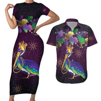 Faux Glitter Funny Mardi Gras Pelican Couples Matching Short Sleeve Bodycon Dress and Hawaiian Shirt Party Vibes - Wonder Print Shop