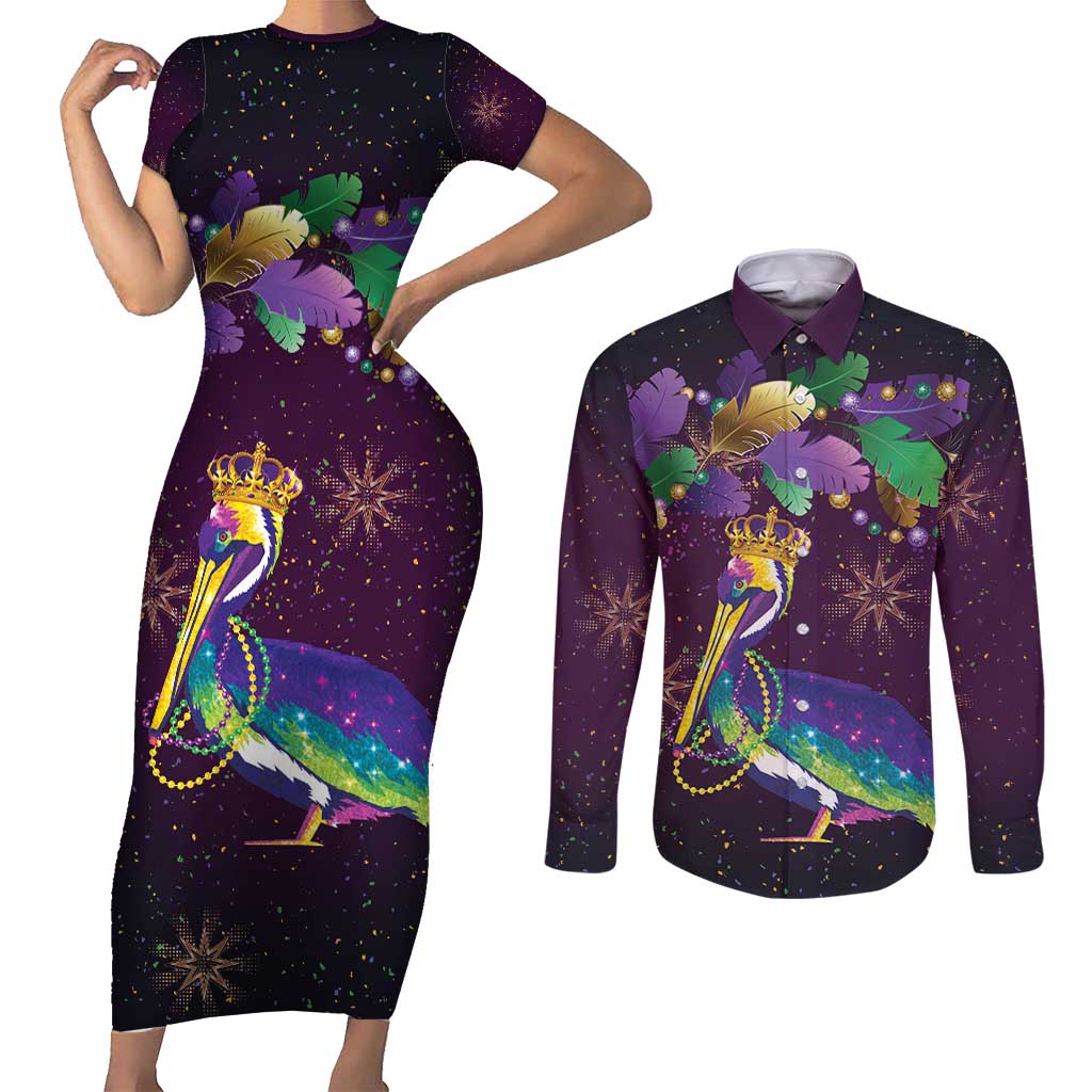 Faux Glitter Funny Mardi Gras Pelican Couples Matching Short Sleeve Bodycon Dress and Long Sleeve Button Shirt Party Vibes - Wonder Print Shop