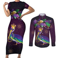 Faux Glitter Funny Mardi Gras Pelican Couples Matching Short Sleeve Bodycon Dress and Long Sleeve Button Shirt Party Vibes - Wonder Print Shop