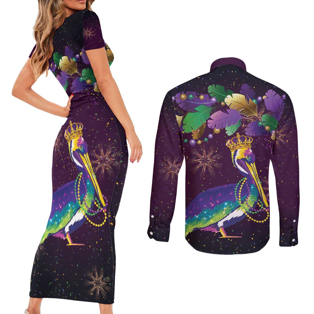 Faux Glitter Funny Mardi Gras Pelican Couples Matching Short Sleeve Bodycon Dress and Long Sleeve Button Shirt Party Vibes - Wonder Print Shop