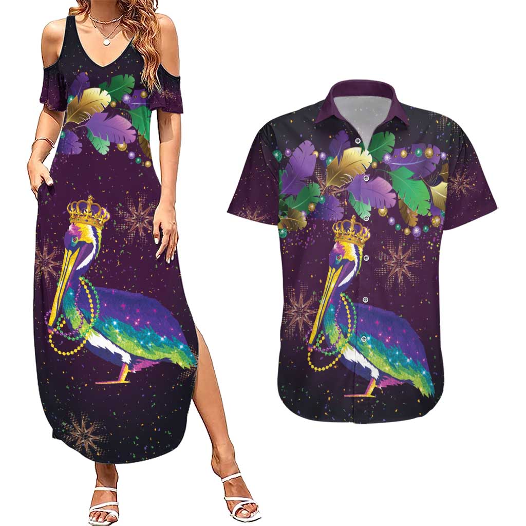 Faux Glitter Funny Mardi Gras Pelican Couples Matching Summer Maxi Dress and Hawaiian Shirt Party Vibes - Wonder Print Shop