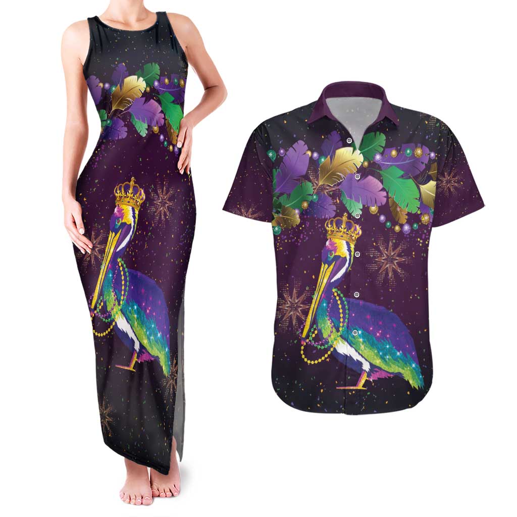Faux Glitter Funny Mardi Gras Pelican Couples Matching Tank Maxi Dress and Hawaiian Shirt Party Vibes - Wonder Print Shop