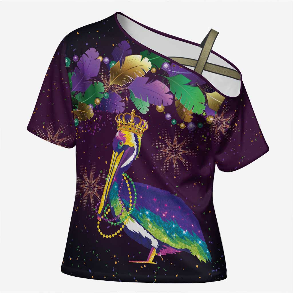 Faux Glitter Funny Mardi Gras Pelican Cross Shoulder Shirt Party Vibes - Wonder Print Shop