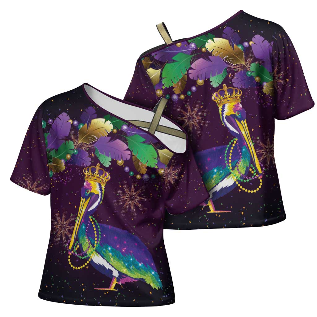 Faux Glitter Funny Mardi Gras Pelican Cross Shoulder Shirt Party Vibes - Wonder Print Shop