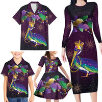 Faux Glitter Funny Mardi Gras Pelican Family Matching Long Sleeve Bodycon Dress and Hawaiian Shirt Party Vibes - Wonder Print Shop