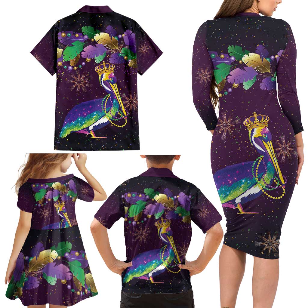 Faux Glitter Funny Mardi Gras Pelican Family Matching Long Sleeve Bodycon Dress and Hawaiian Shirt Party Vibes - Wonder Print Shop
