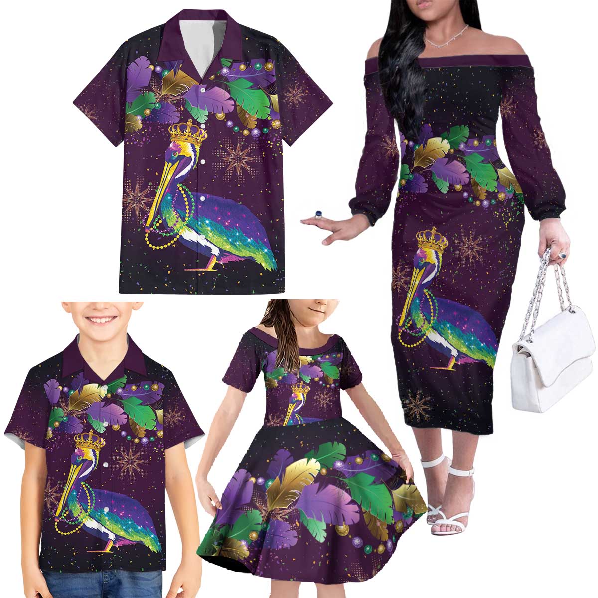 Faux Glitter Funny Mardi Gras Pelican Family Matching Off The Shoulder Long Sleeve Dress and Hawaiian Shirt Party Vibes - Wonder Print Shop