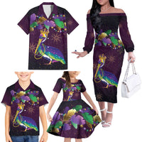 Faux Glitter Funny Mardi Gras Pelican Family Matching Off The Shoulder Long Sleeve Dress and Hawaiian Shirt Party Vibes - Wonder Print Shop