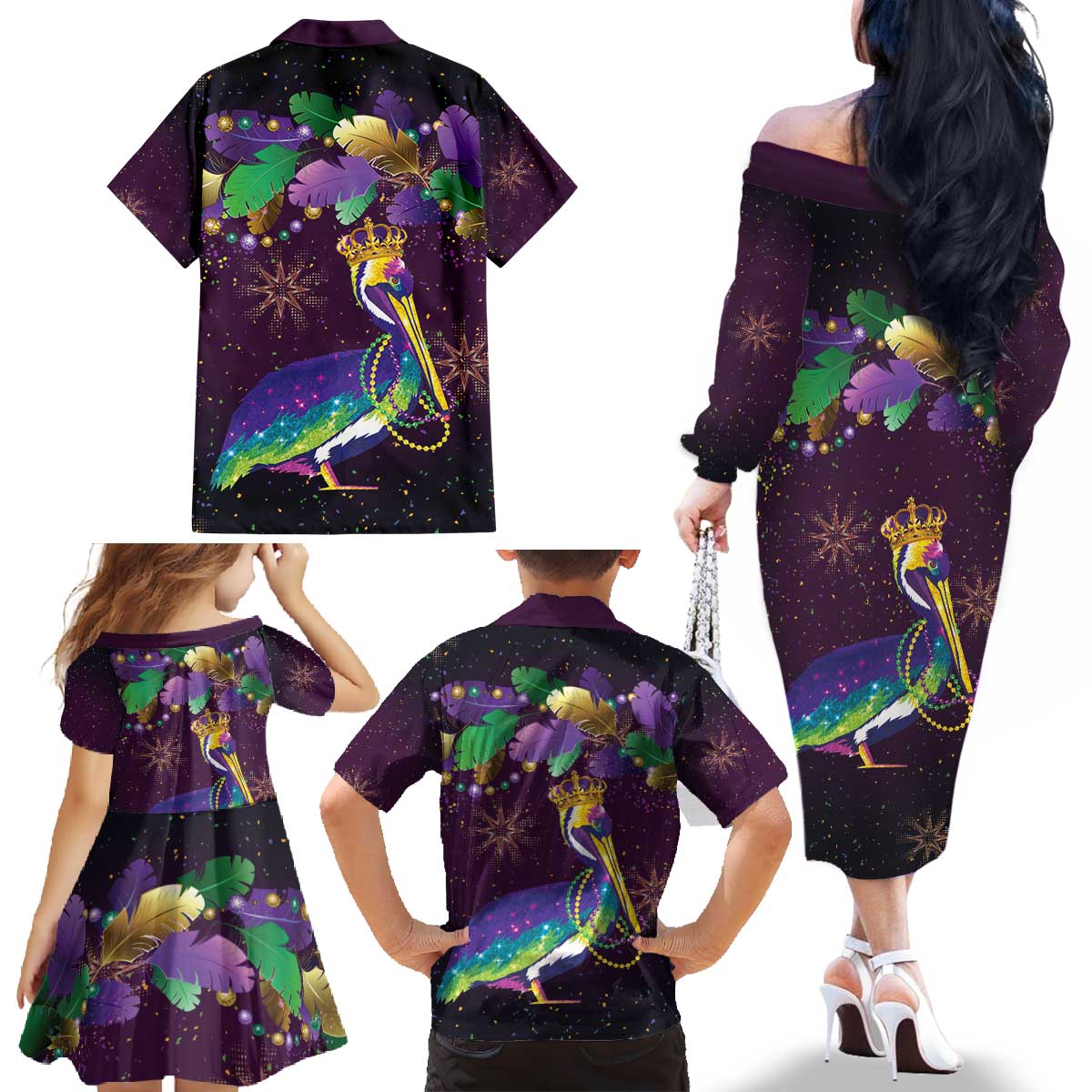 Faux Glitter Funny Mardi Gras Pelican Family Matching Off The Shoulder Long Sleeve Dress and Hawaiian Shirt Party Vibes - Wonder Print Shop