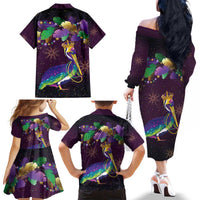 Faux Glitter Funny Mardi Gras Pelican Family Matching Off The Shoulder Long Sleeve Dress and Hawaiian Shirt Party Vibes - Wonder Print Shop