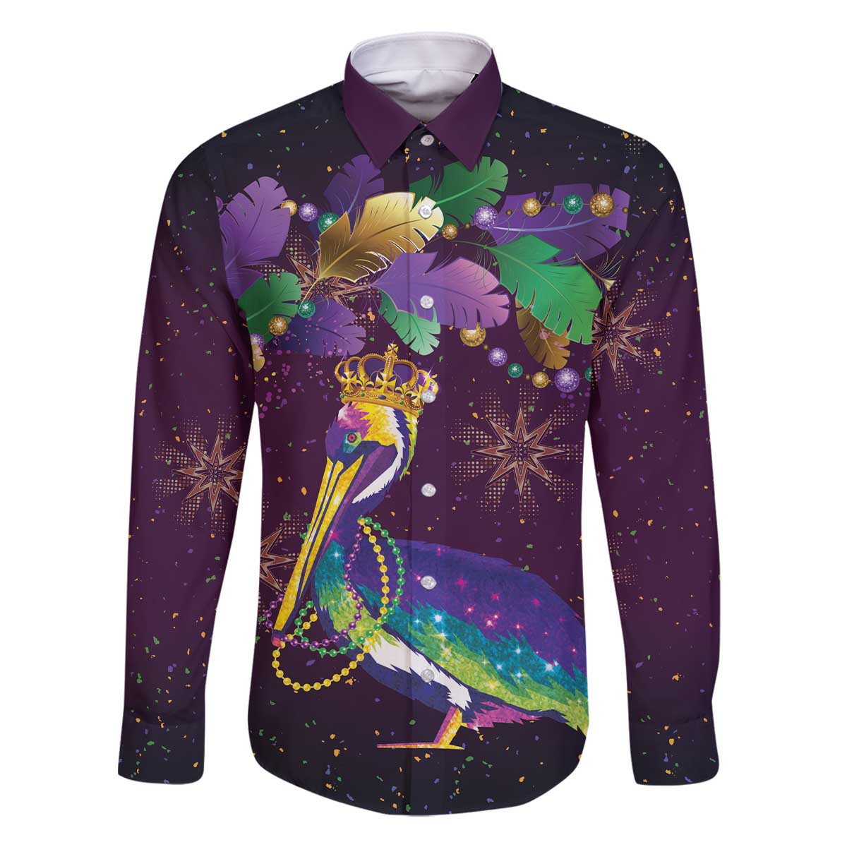 Faux Glitter Funny Mardi Gras Pelican Family Matching Off The Shoulder Long Sleeve Dress and Hawaiian Shirt Party Vibes - Wonder Print Shop