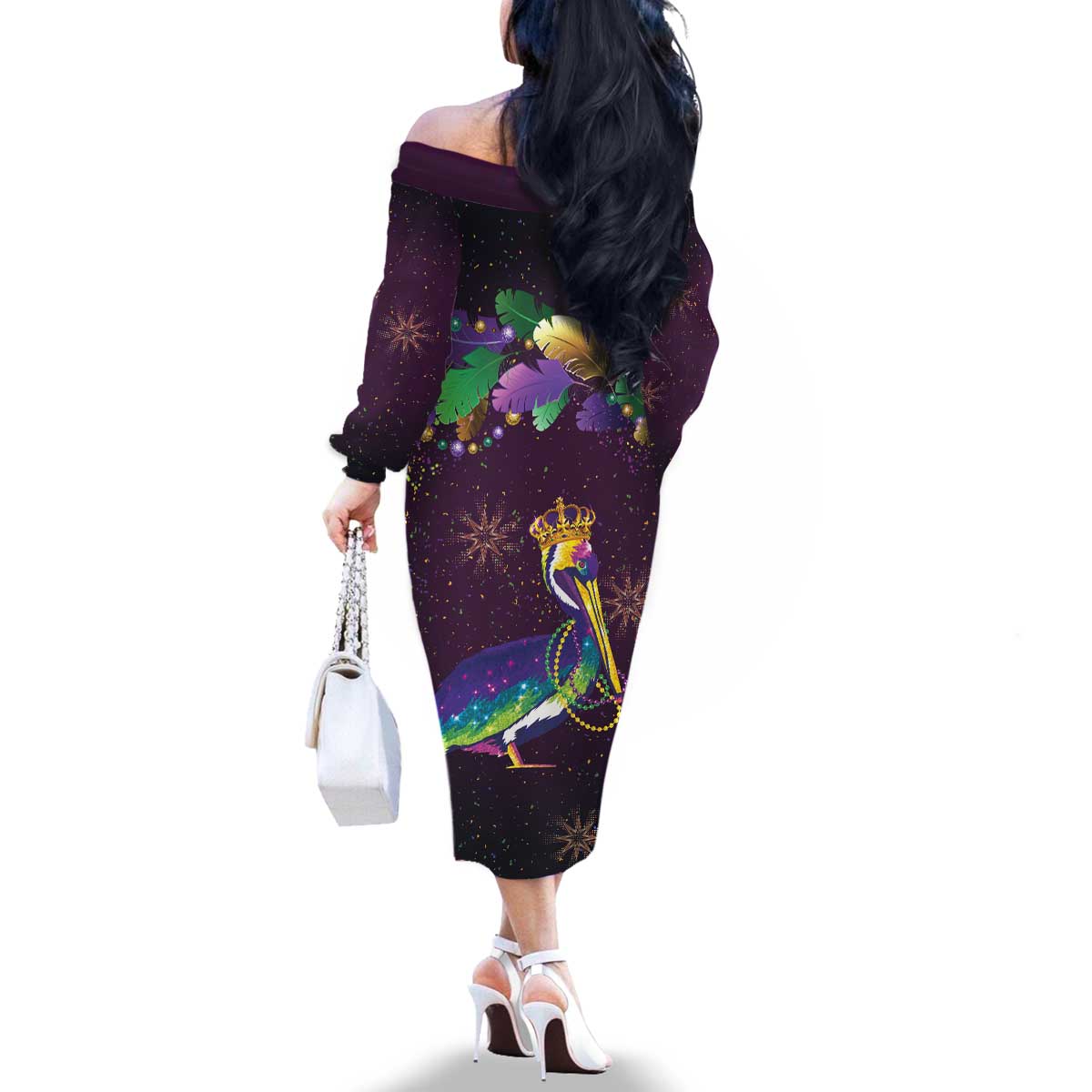 Faux Glitter Funny Mardi Gras Pelican Family Matching Off The Shoulder Long Sleeve Dress and Hawaiian Shirt Party Vibes - Wonder Print Shop
