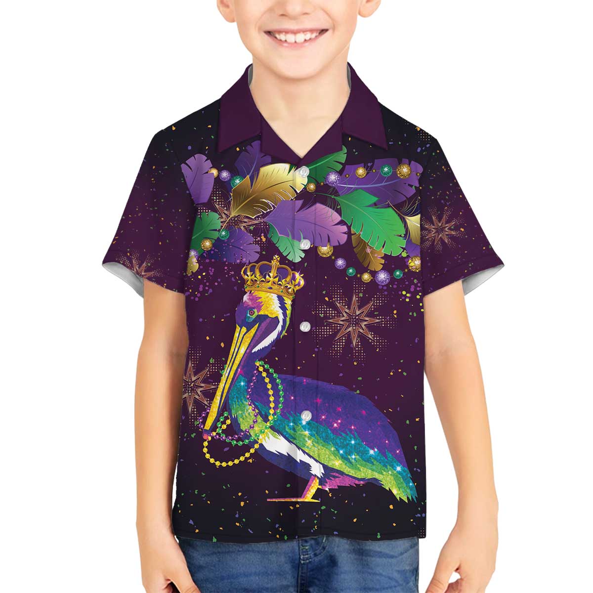 Faux Glitter Funny Mardi Gras Pelican Family Matching Off The Shoulder Long Sleeve Dress and Hawaiian Shirt Party Vibes - Wonder Print Shop