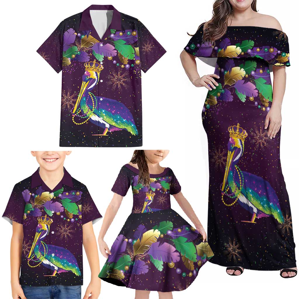 Faux Glitter Funny Mardi Gras Pelican Family Matching Off Shoulder Maxi Dress and Hawaiian Shirt Party Vibes - Wonder Print Shop