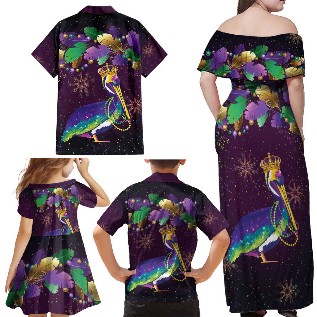 Faux Glitter Funny Mardi Gras Pelican Family Matching Off Shoulder Maxi Dress and Hawaiian Shirt Party Vibes - Wonder Print Shop