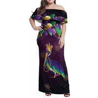 Faux Glitter Funny Mardi Gras Pelican Family Matching Off Shoulder Maxi Dress and Hawaiian Shirt Party Vibes - Wonder Print Shop