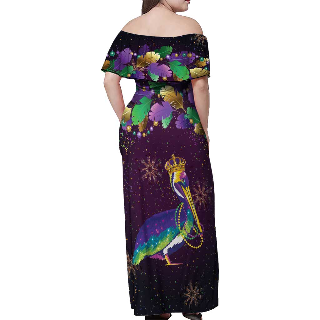 Faux Glitter Funny Mardi Gras Pelican Family Matching Off Shoulder Maxi Dress and Hawaiian Shirt Party Vibes - Wonder Print Shop