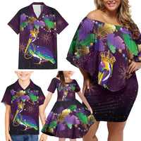 Faux Glitter Funny Mardi Gras Pelican Family Matching Off Shoulder Short Dress and Hawaiian Shirt Party Vibes - Wonder Print Shop