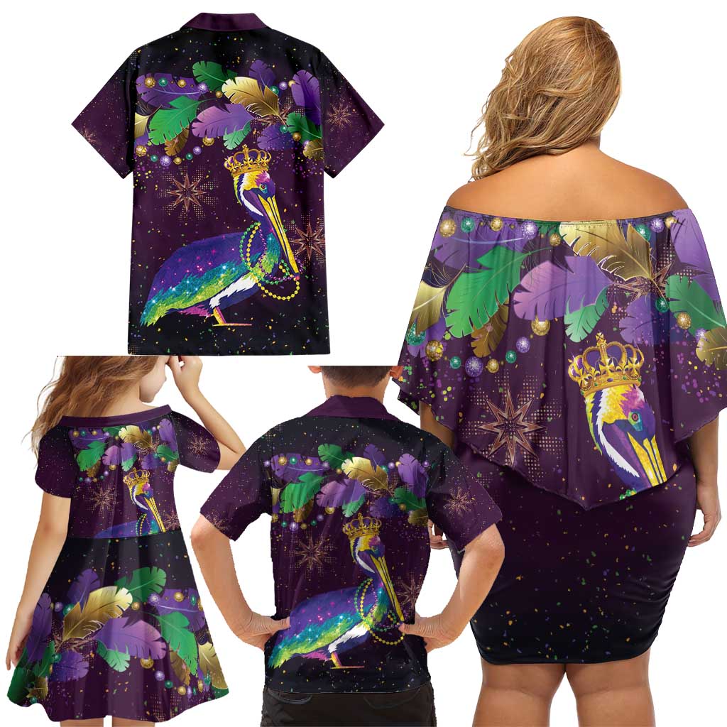 Faux Glitter Funny Mardi Gras Pelican Family Matching Off Shoulder Short Dress and Hawaiian Shirt Party Vibes - Wonder Print Shop