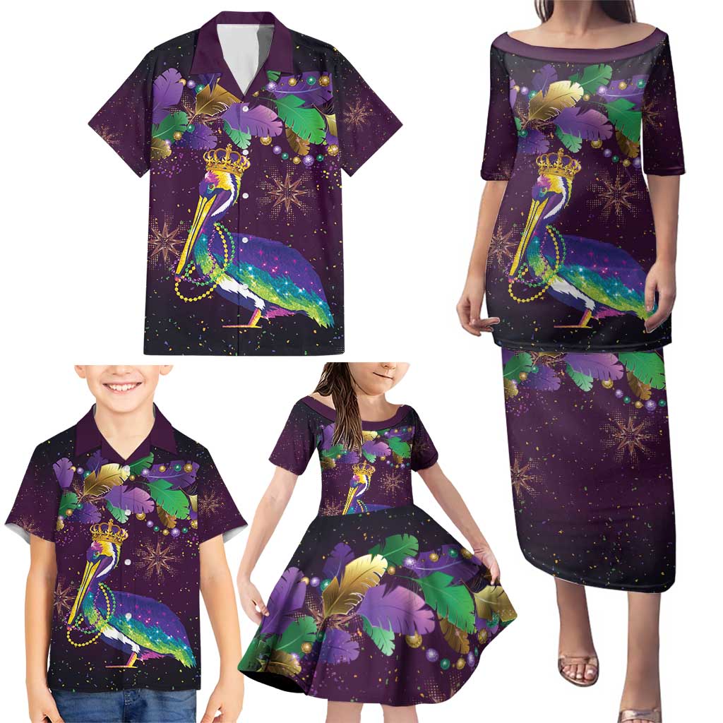 Faux Glitter Funny Mardi Gras Pelican Family Matching Puletasi and Hawaiian Shirt Party Vibes - Wonder Print Shop