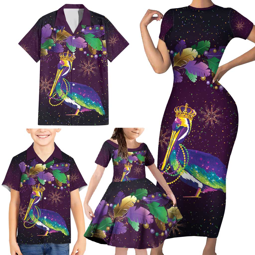 Faux Glitter Funny Mardi Gras Pelican Family Matching Short Sleeve Bodycon Dress and Hawaiian Shirt Party Vibes - Wonder Print Shop