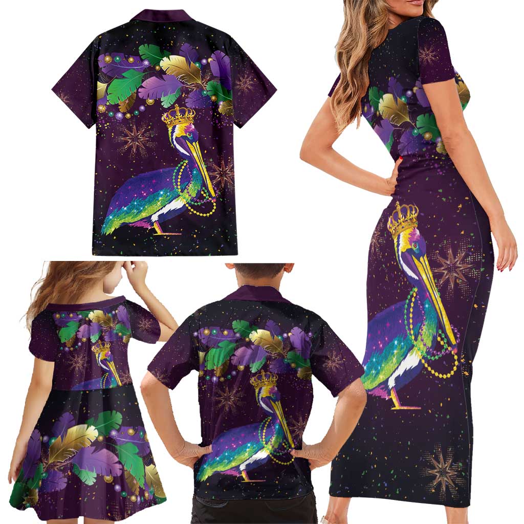 Faux Glitter Funny Mardi Gras Pelican Family Matching Short Sleeve Bodycon Dress and Hawaiian Shirt Party Vibes - Wonder Print Shop