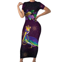 Faux Glitter Funny Mardi Gras Pelican Family Matching Short Sleeve Bodycon Dress and Hawaiian Shirt Party Vibes - Wonder Print Shop