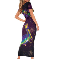 Faux Glitter Funny Mardi Gras Pelican Family Matching Short Sleeve Bodycon Dress and Hawaiian Shirt Party Vibes - Wonder Print Shop
